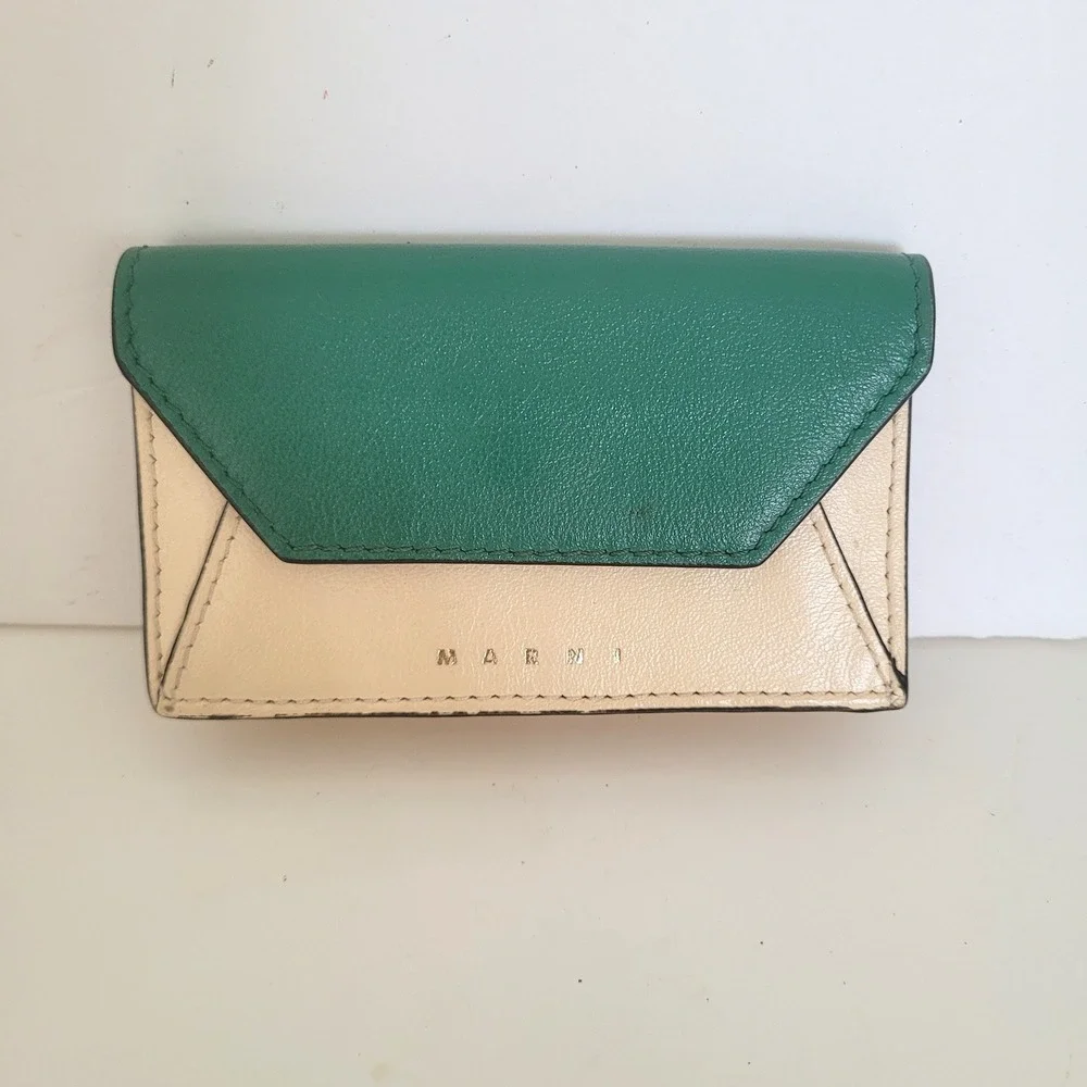 Marni Colorblock Leather Card Case Wallet‎ Green Cream Snap Accordion Italy